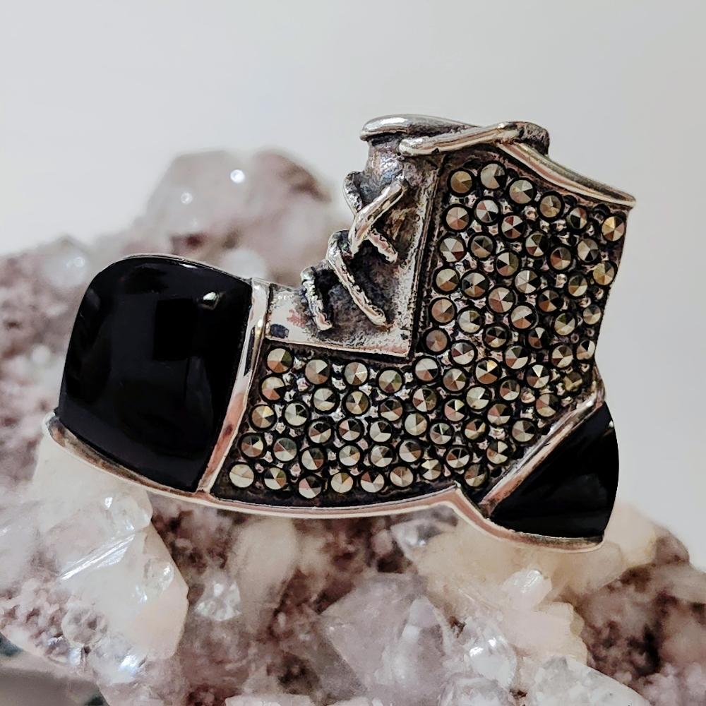 Vintage Art Deco Era Sterling Silver Marcasite Black Onyx Boot Brooch Pin